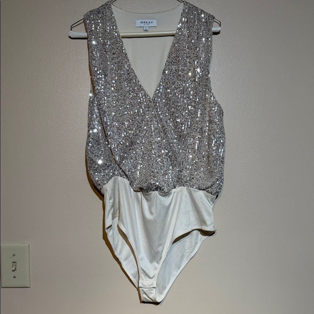 Gilli Silver Sequin Surplice Bodysuit with Cream Bottom